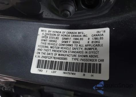 2018 Honda Civic Ex z USA, uszkodzony, nr VIN 2HGFC2F78JH600085